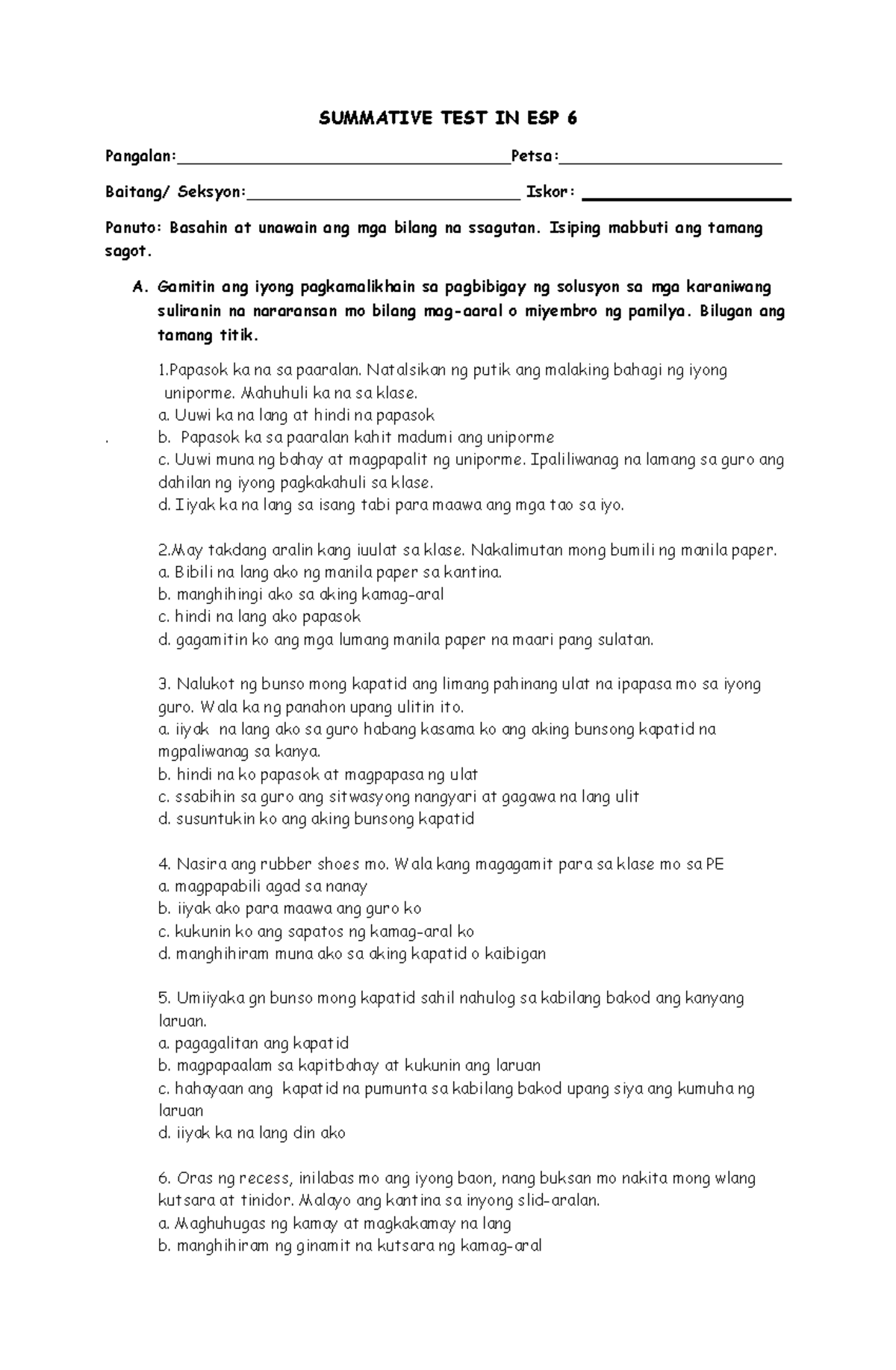 PT ESP 6 - Q4 V1 - SUMMATIVE TEST IN ESP 6 Pangalan:___________Petsa ...