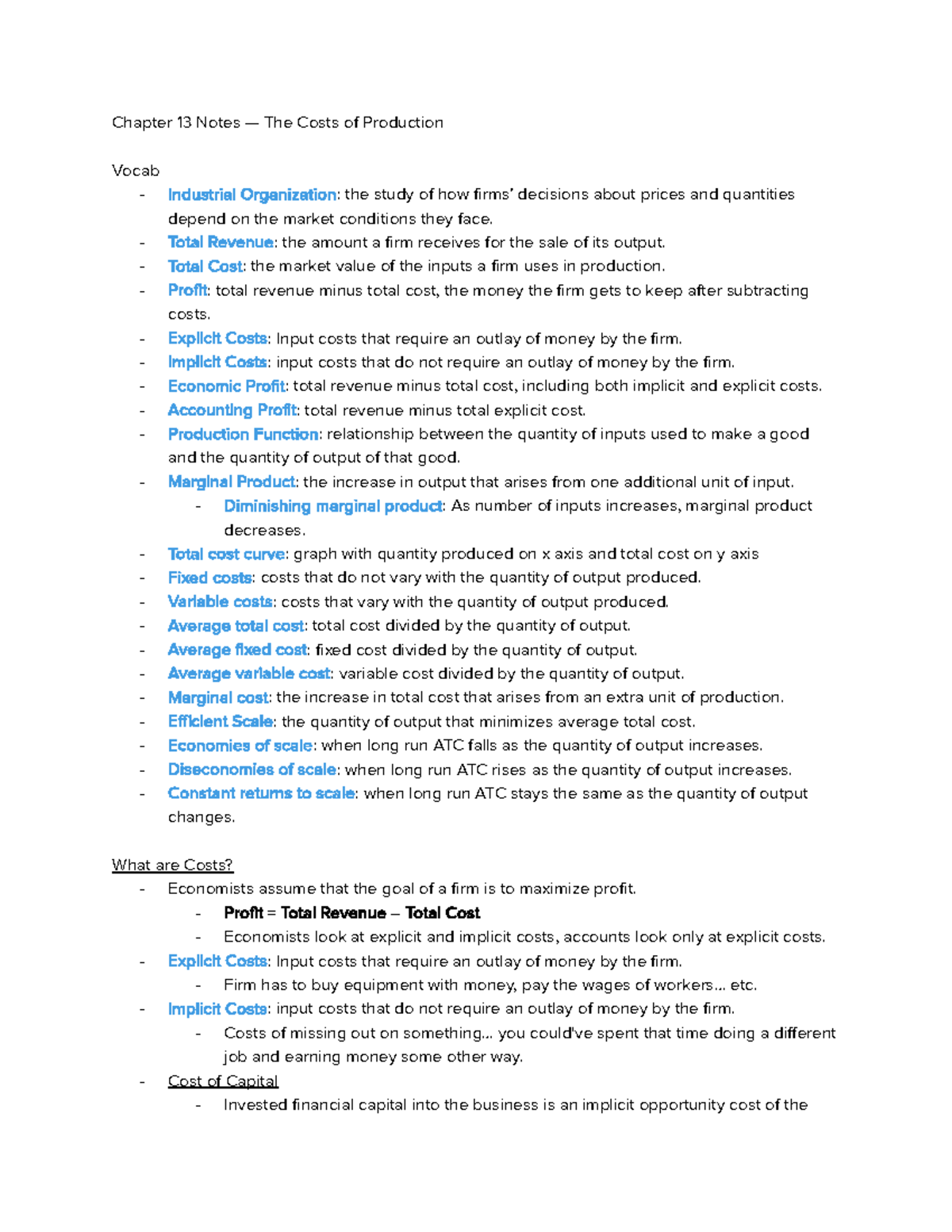 Econ 1 Microeconomics Chapter 13 Notes - Chapter 13 Notes — The Costs ...