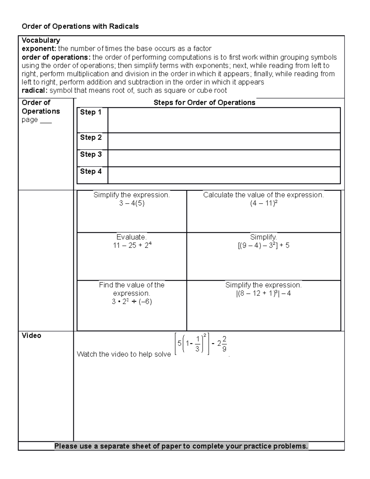 Order of operations with radicals guided notes flvs - Order of ...