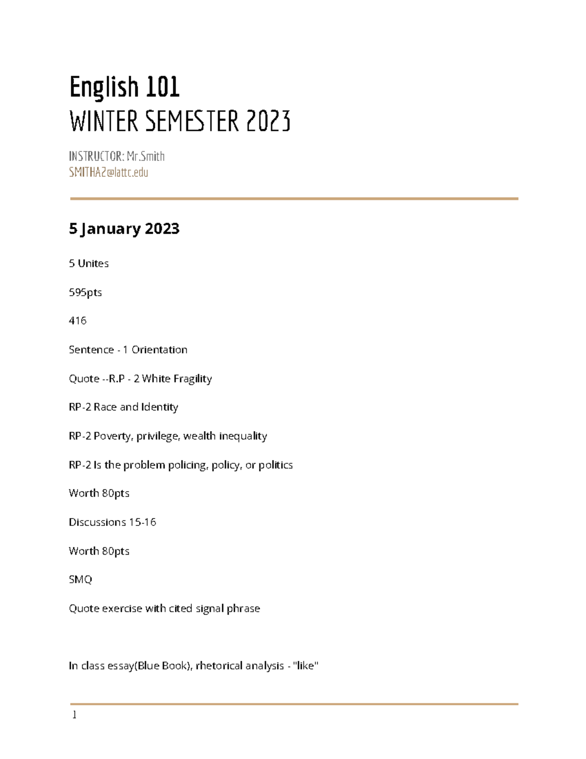 Class notes English 101 WINTER SEMTER 2023 INSTRUCTOR Mr SMITHA2