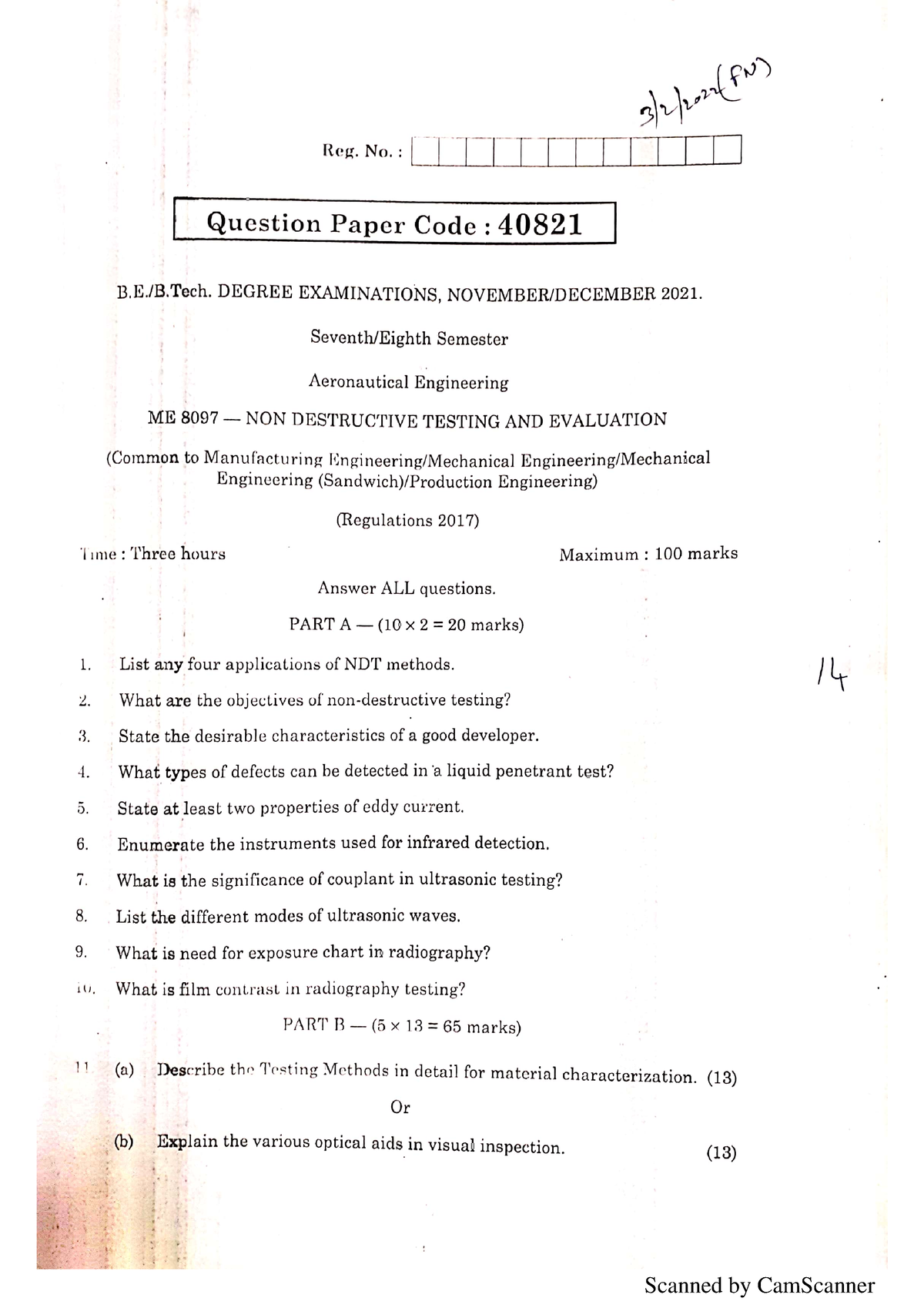 Previous Year Question Paper - Non Destructive Testing - Studocu