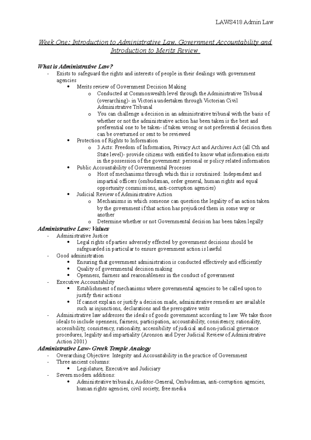 LAWS418 Week 1 Notes - Week One: Introduction to Administrative Law ...