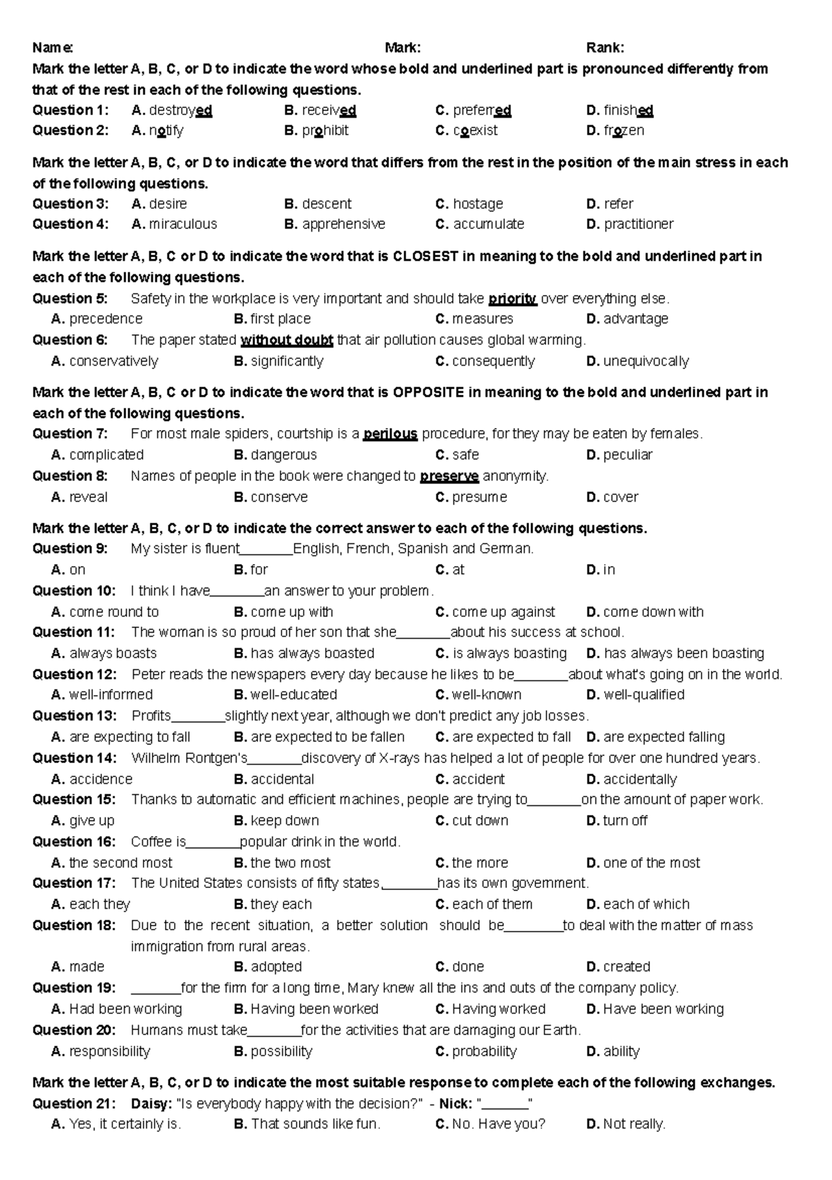 Test - học thui - Name: Mark: Rank: Mark the letter A, B, C, or D to ...