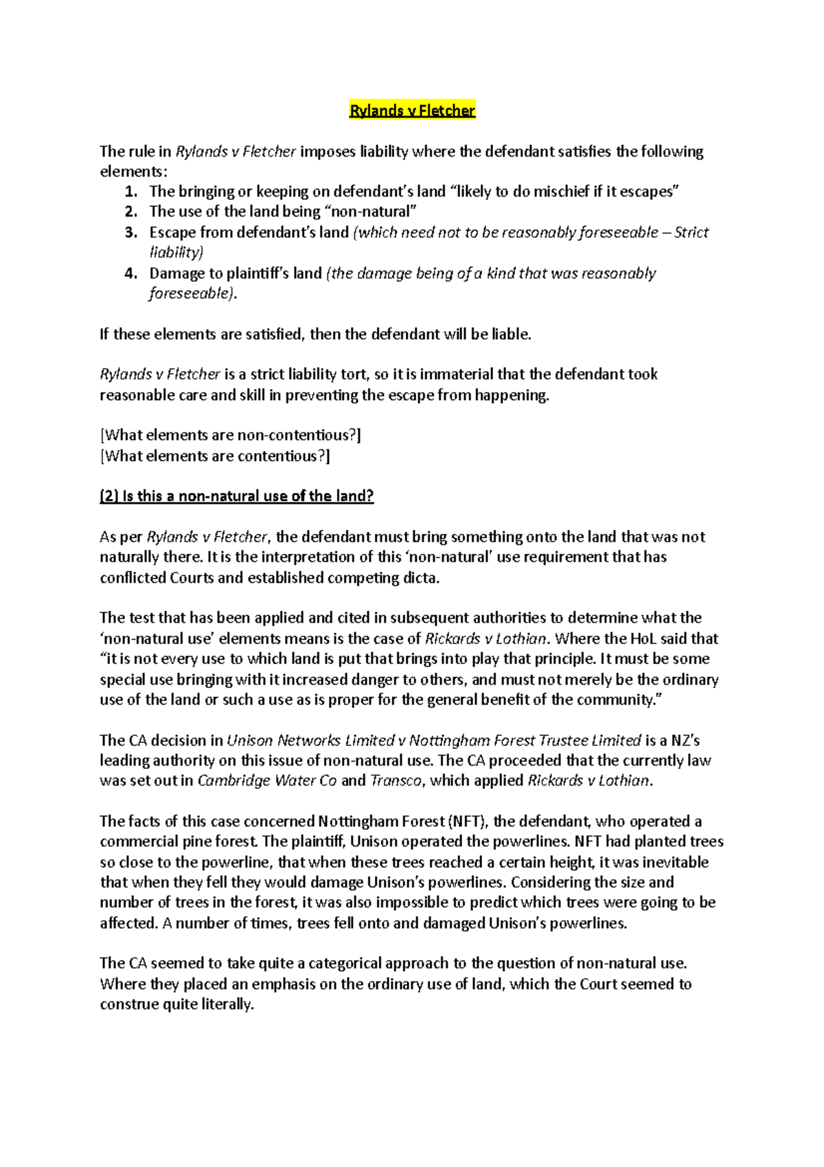 Rylands v Fletcher Final Template - Rylands v Fletcher The rule in ...