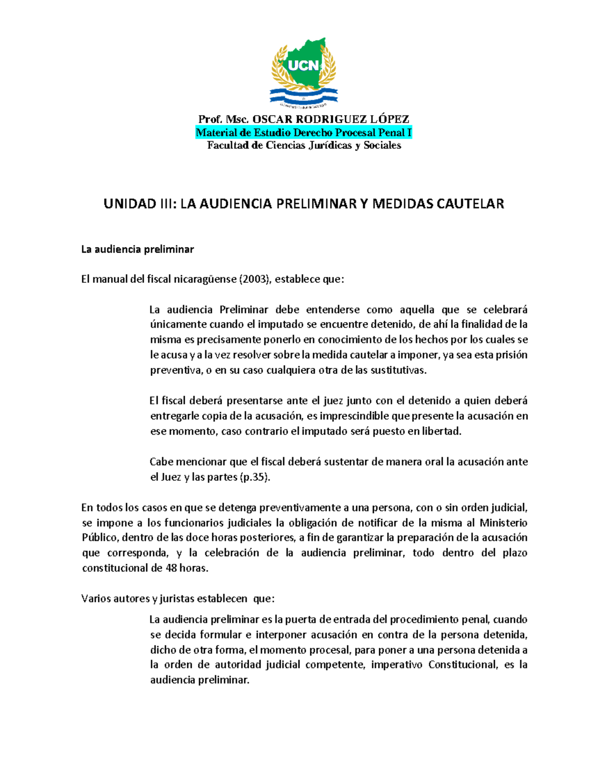 01 Unidad III LA Audiencia Preliminar Y Medidas Cautelar Material de