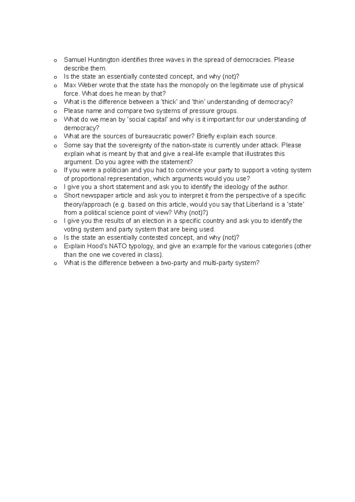 Political science example questions - o Samuel Huntington identifies ...
