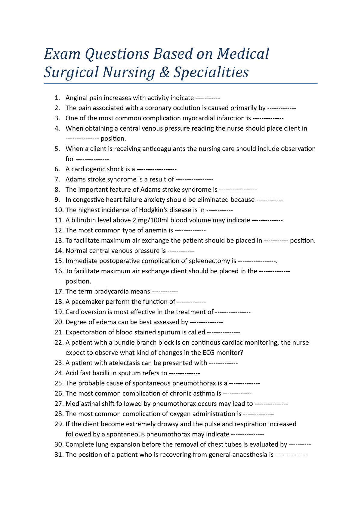 medical surgical nursing exam questions and answers