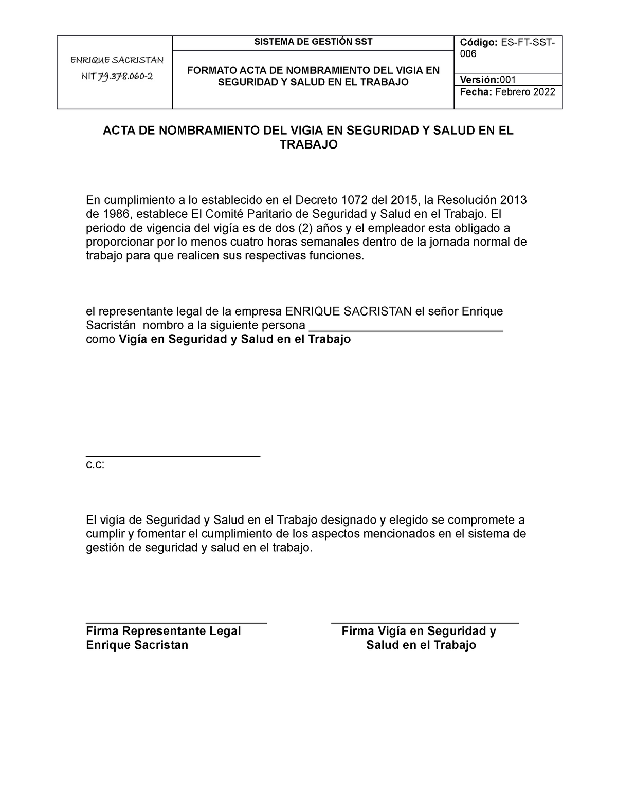 Acta De Nombramiento Vigia En Sst Es Sistema De GestiÓn Sst Código