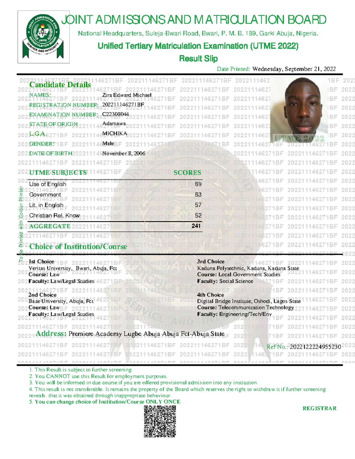 Edward jamb - Jamb - UTME SUBJECTS SCORES Choice of Institution/Course ...