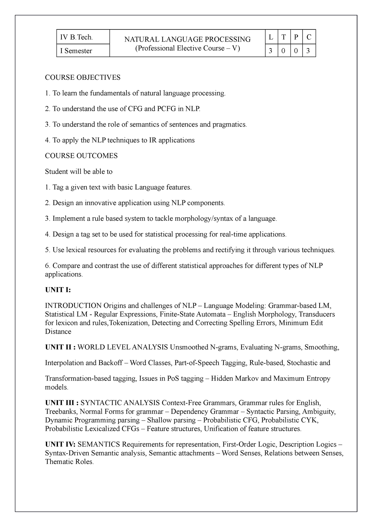 NLP Syllabus - IV B. NATURAL LANGUAGE PROCESSING (Professional Elective ...