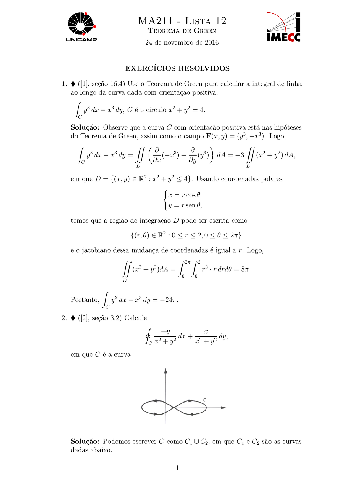Lista 12 - Teorema De Green - MA211 - Lista 12 Teorema De Green 24 De ...