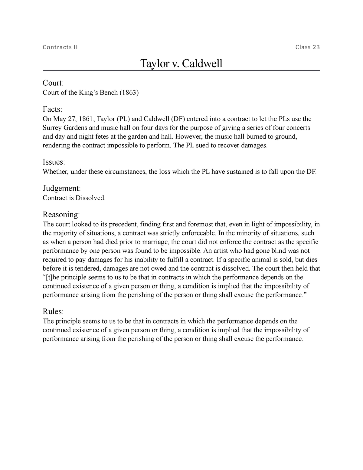 Taylor V Caldwell Case Brief Law 506 Contracts Ii Lu Studocu