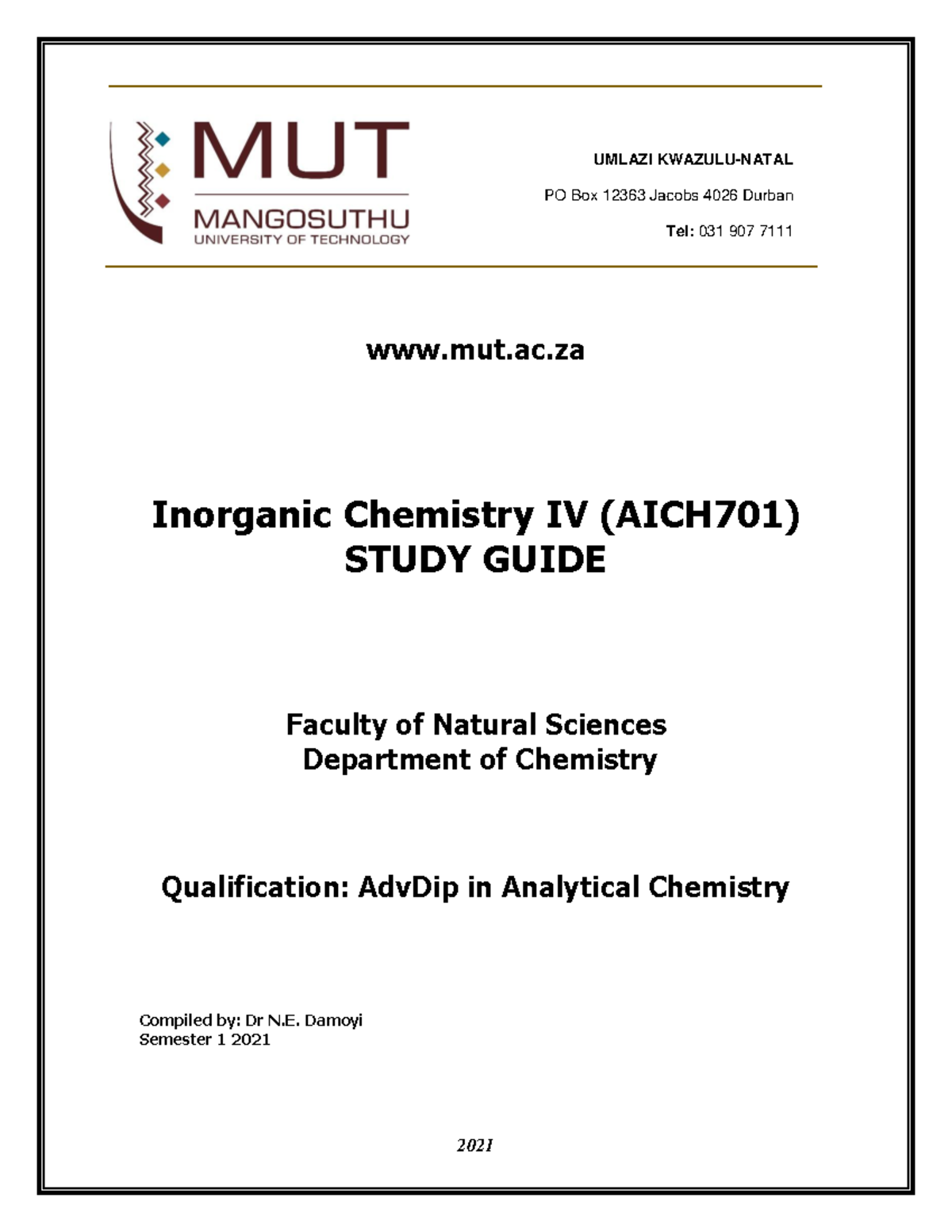 Inorg Chem IV Study Guide Adv Dip 2021 - 2021 a. mut.ac Inorganic ...