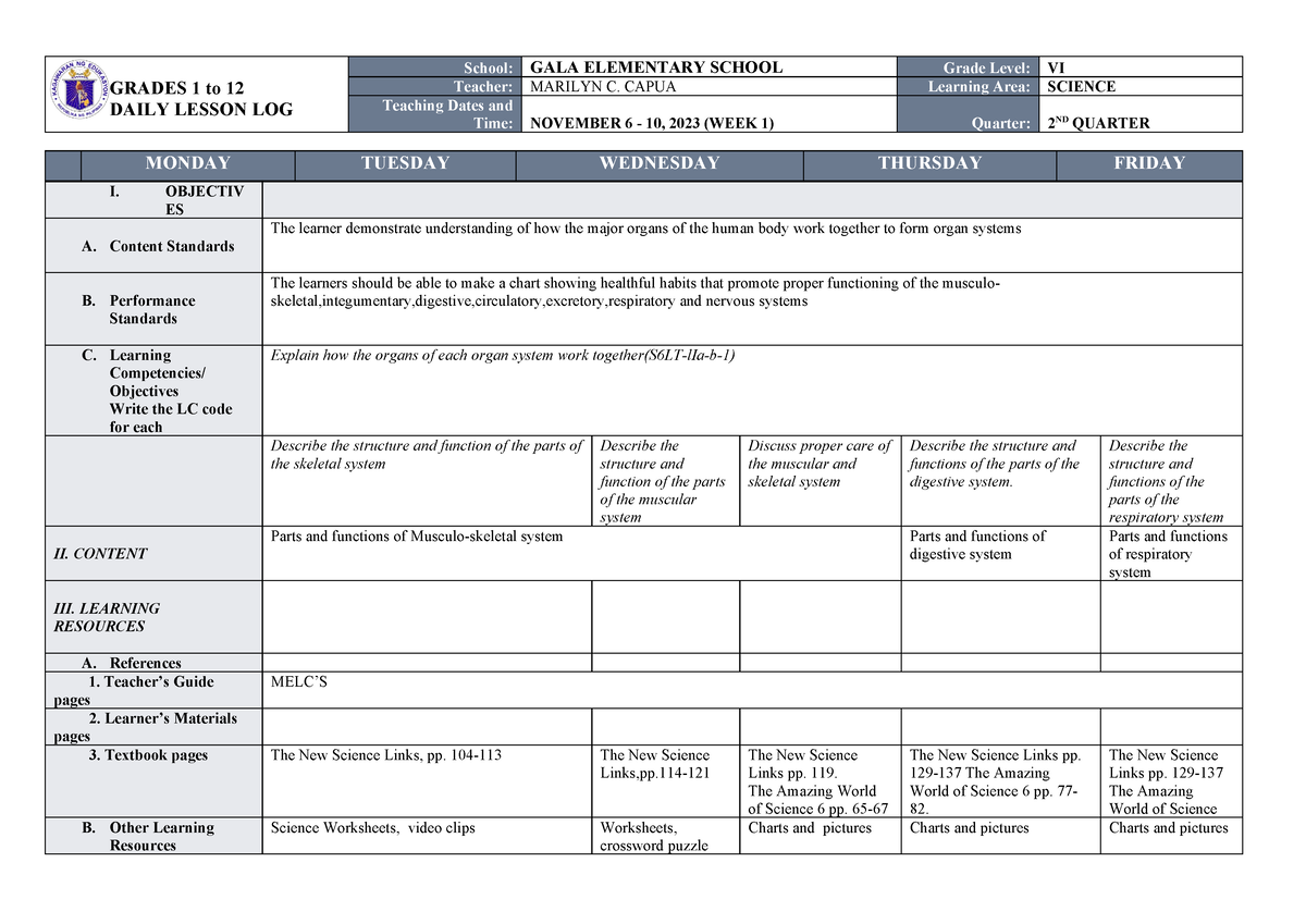 Science 6 Q2 W1 - dll - GRADES 1 to 12 DAILY LESSON LOG School: GALA ...