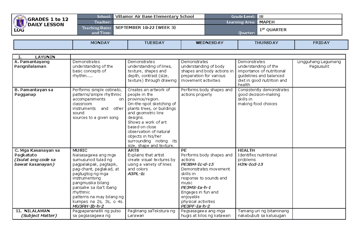 DLL Mapeh Q1 W3 - M,M - GRADES 1 to 12 DAILY LESSON LOG School ...
