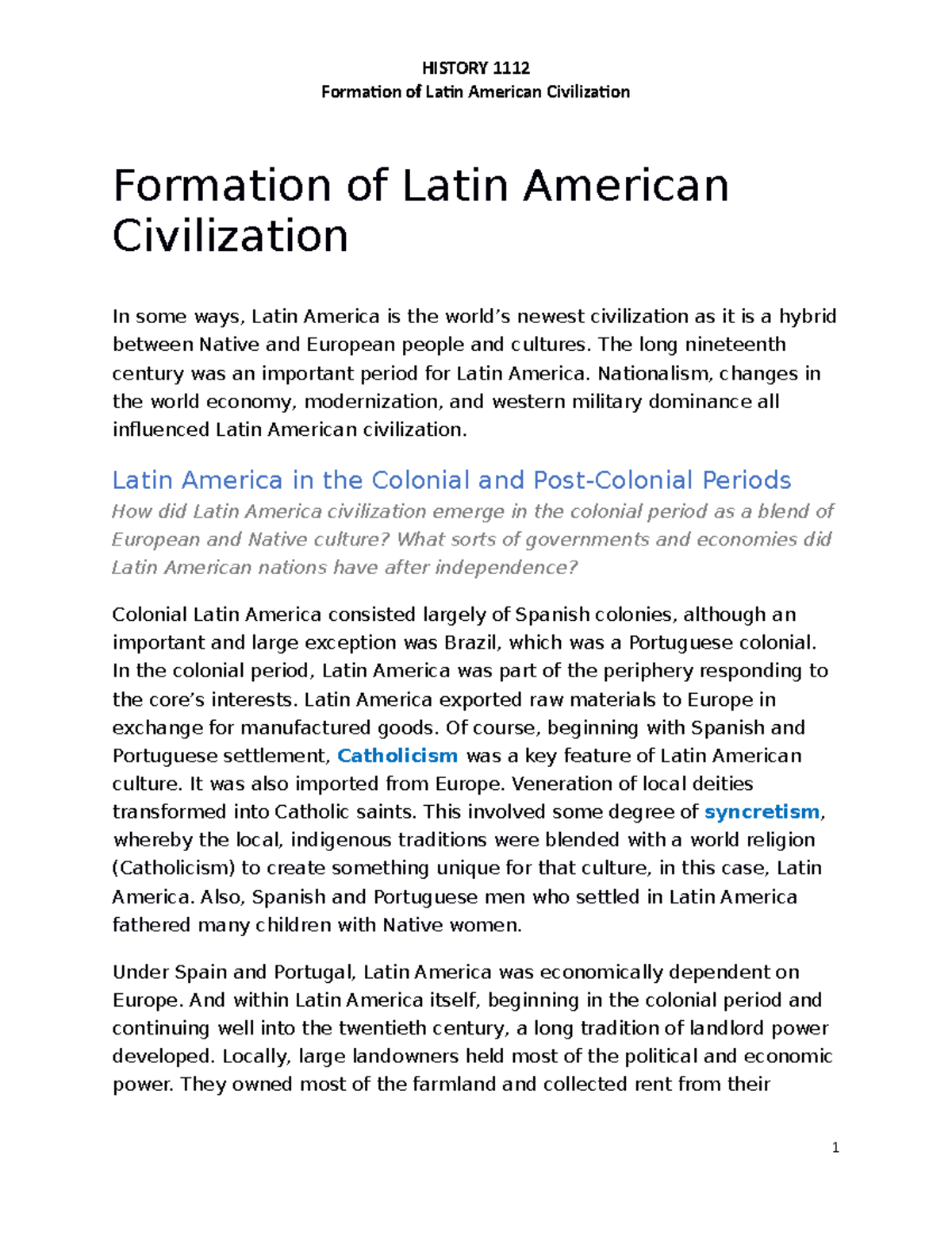 HIST 1112 - Formation of Latin American Civilization - Formation of ...