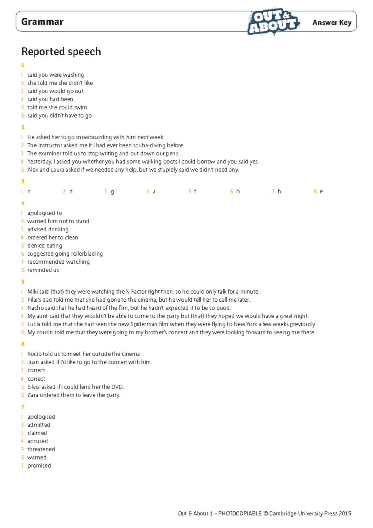 13. Reported Speech - Answer Key (Unit 4) - Out & About 1 ...