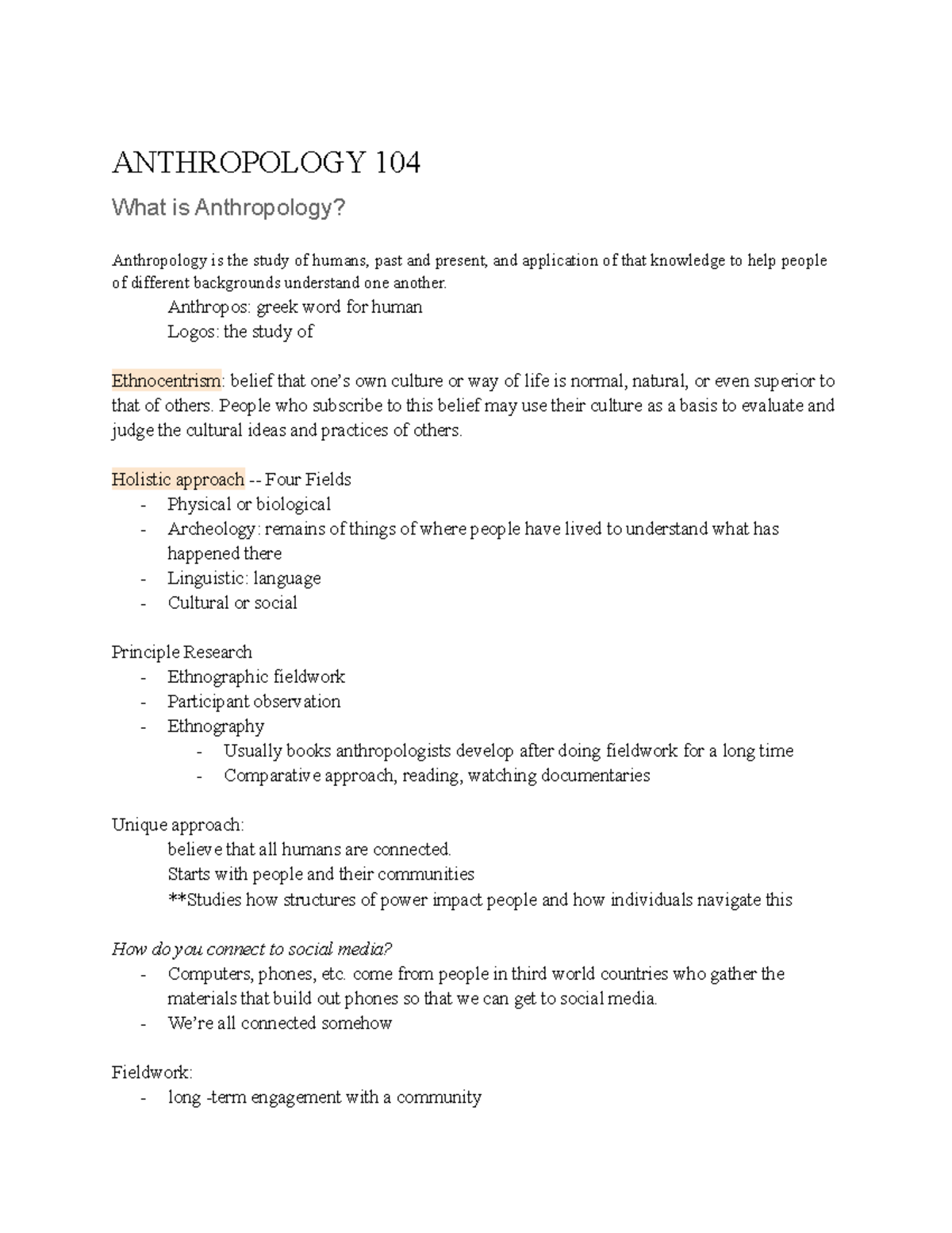 Anthropology Notes UNIT 1 - ANTHROPOLOGY 104 What Is Anthropology ...