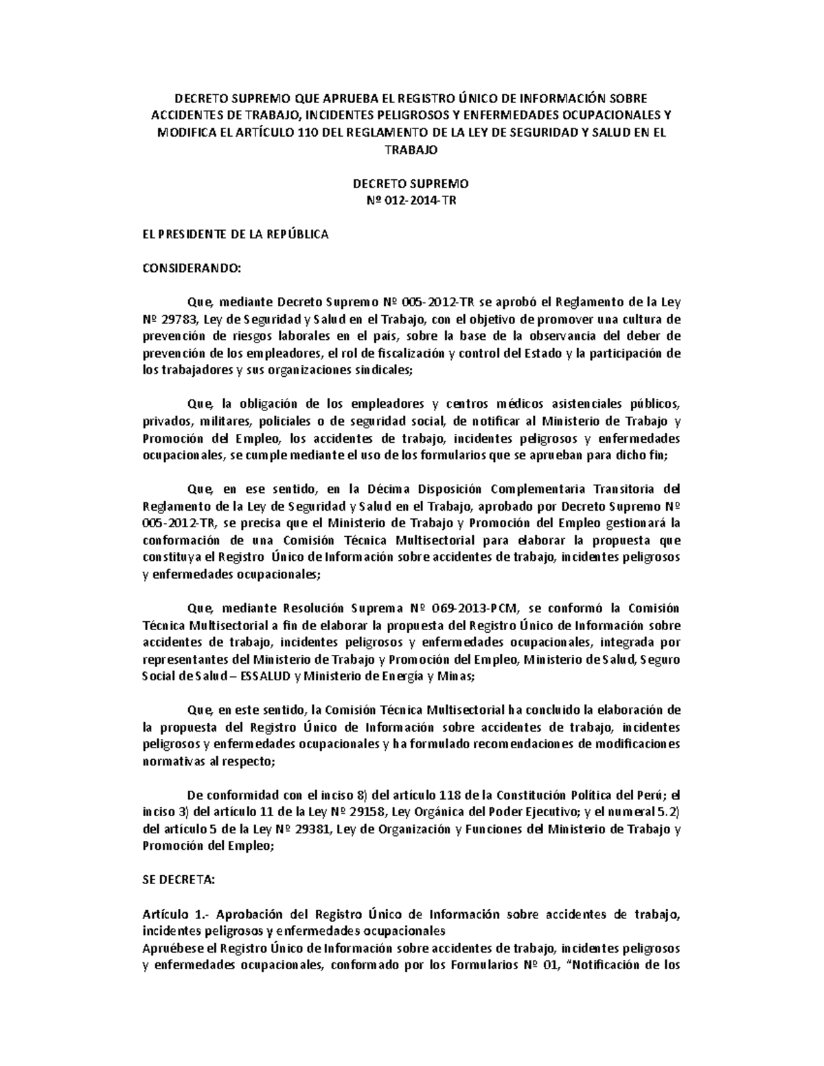 Tr Decreto Supremo Que Aprueba El Registro Nico De Informacin Sobre