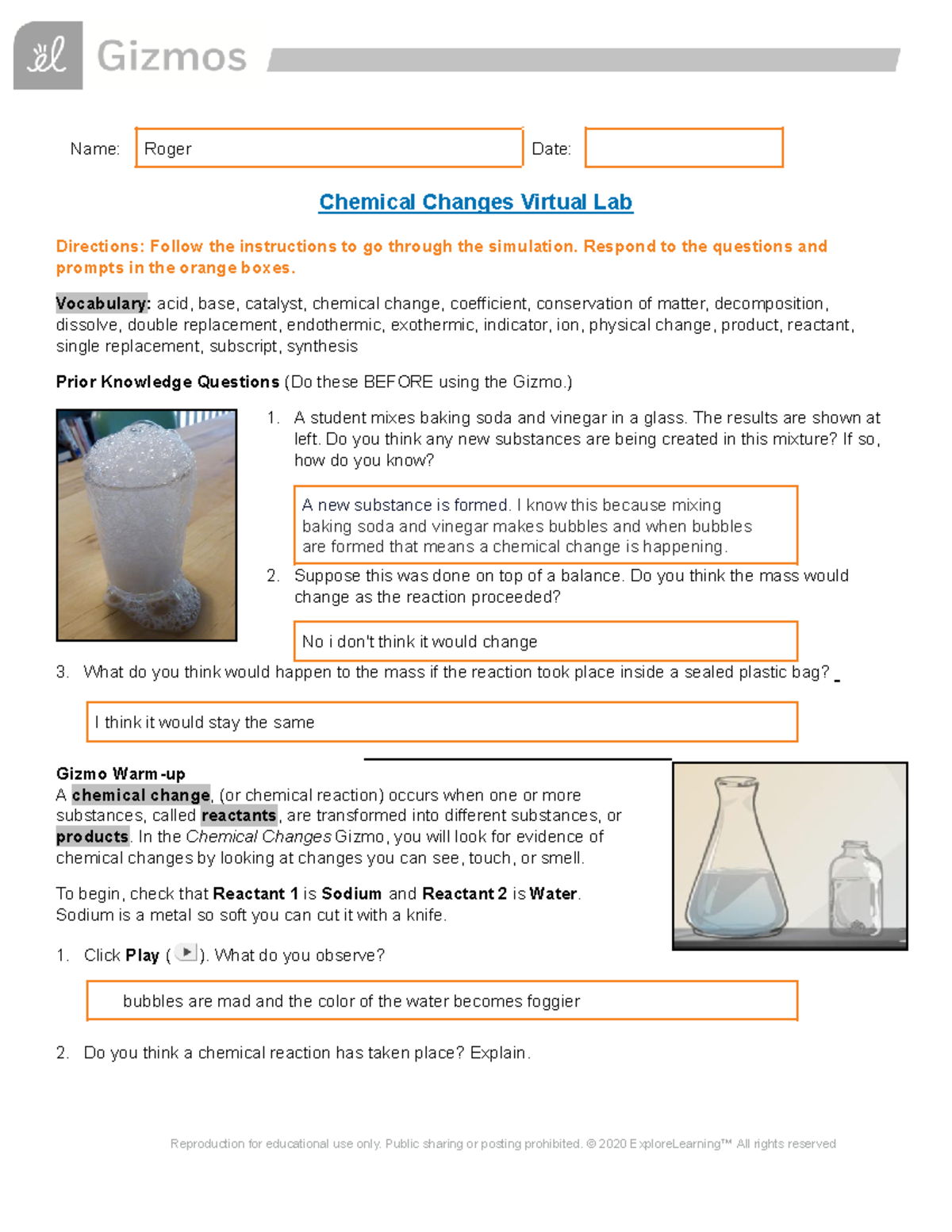 Physical And Chemical Changes Virtual Lab Answer Key