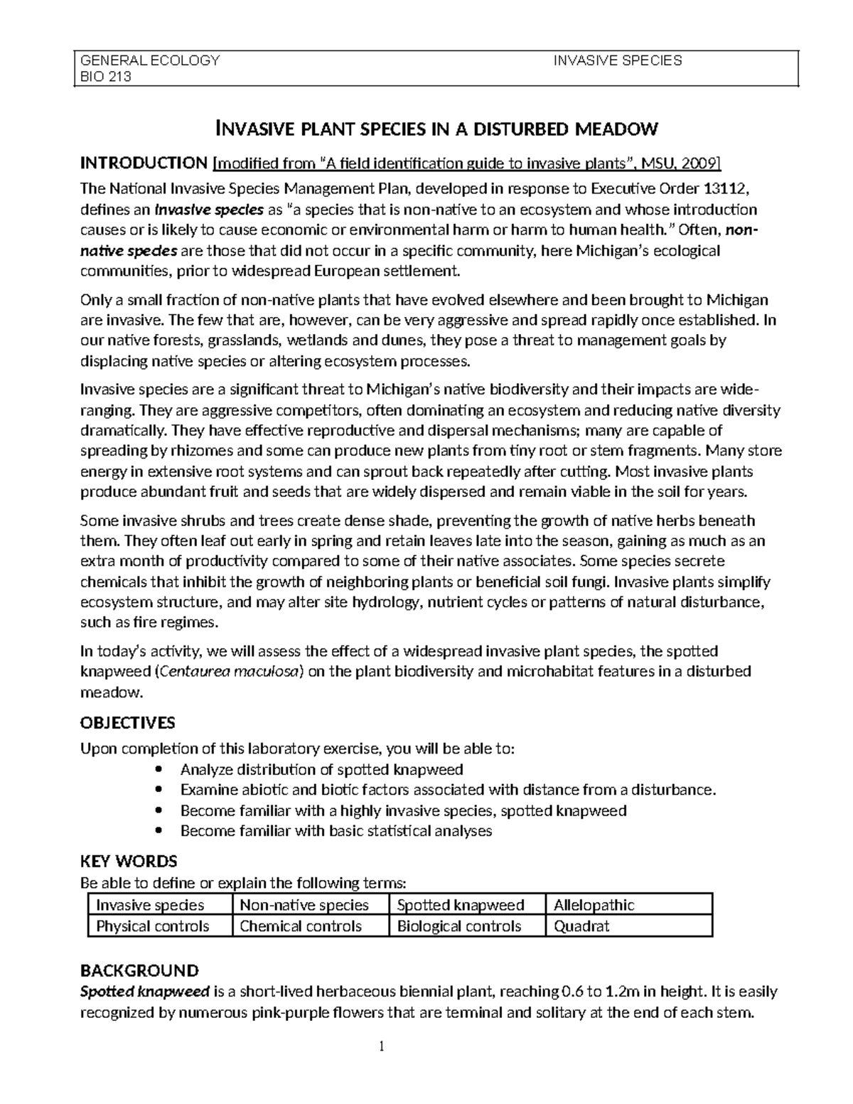 Invasive species analysis sp2023 - BIO 213 INVASIVE PLANT SPECIES IN A ...