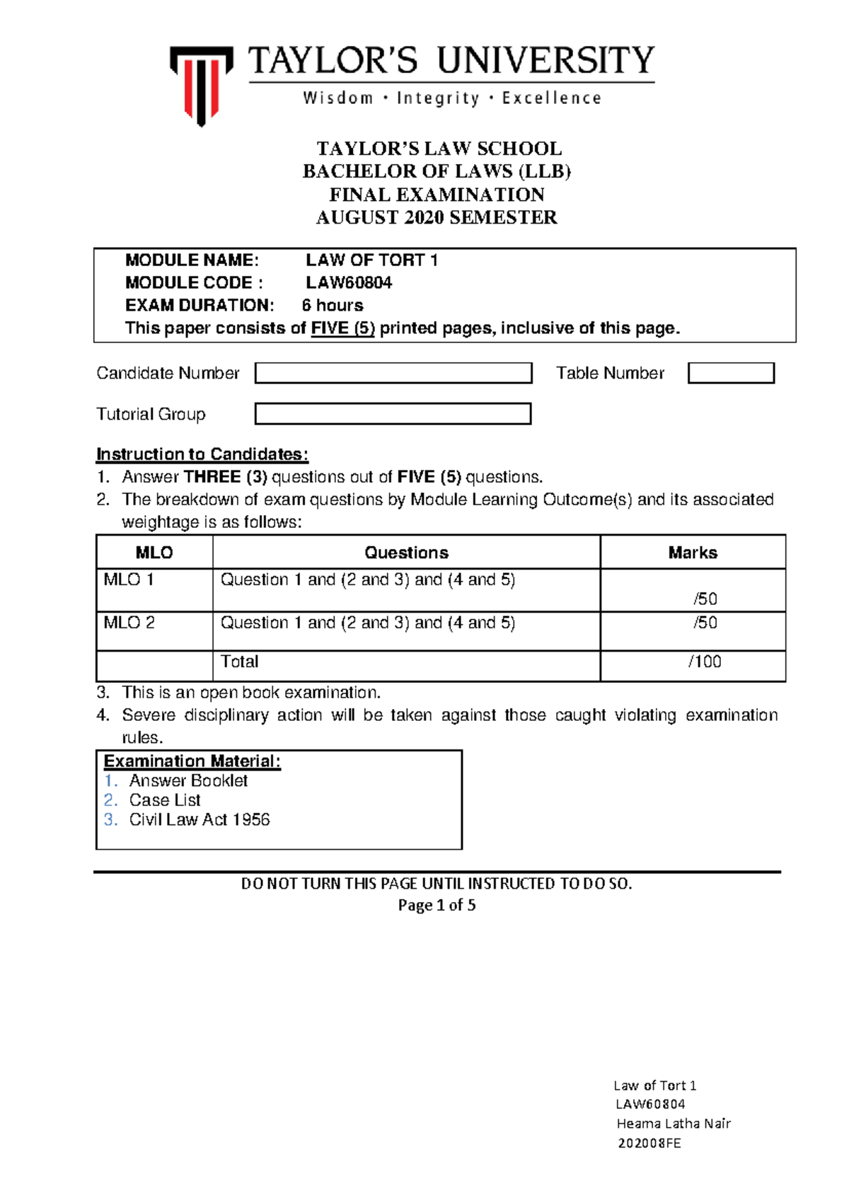 Law of Tort I 202008 FE - fghio;likjh - Law of Tort 1 LAW Heama Latha ...