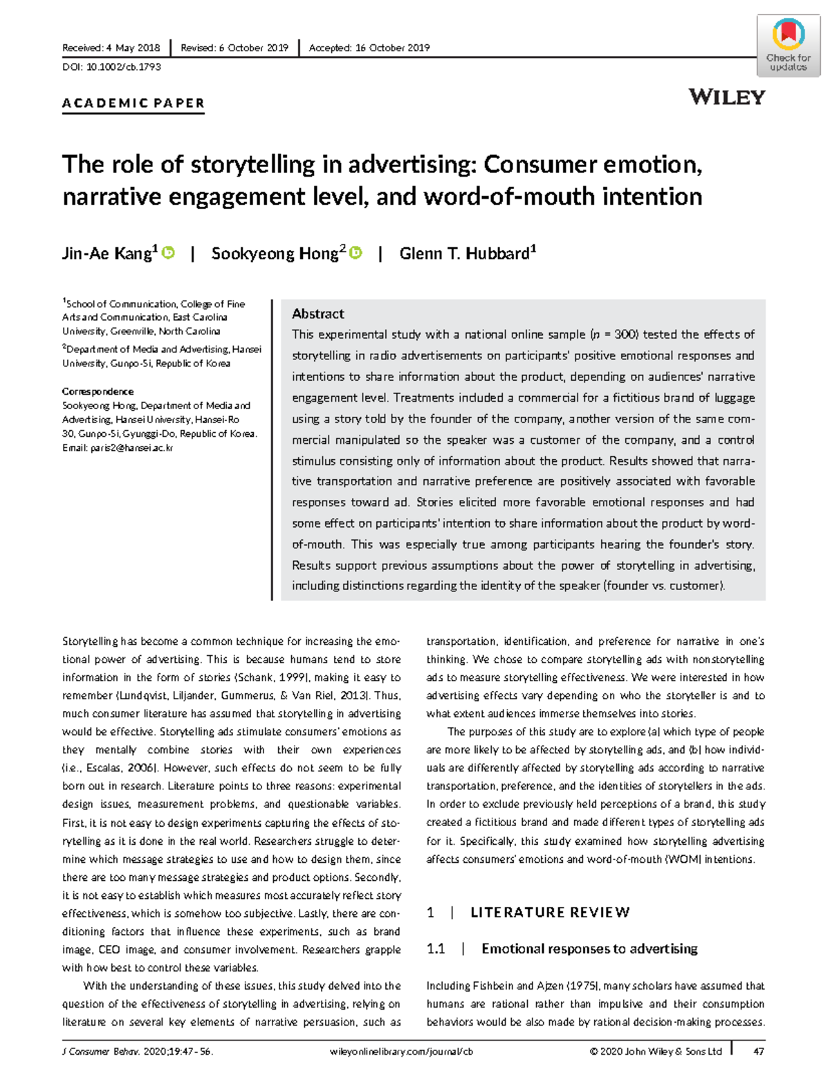 Kang et al. (2019 ) The role of storytelling in advertising A C A D E