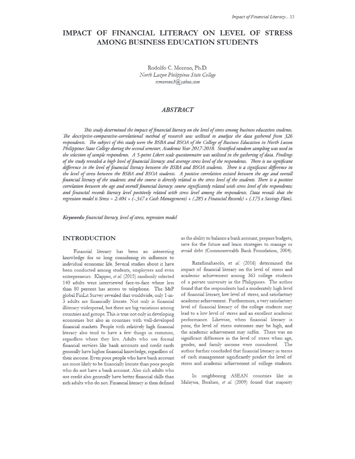 Philippine EJournals Impact OF Financial Literacy ON Level OF Stress ...