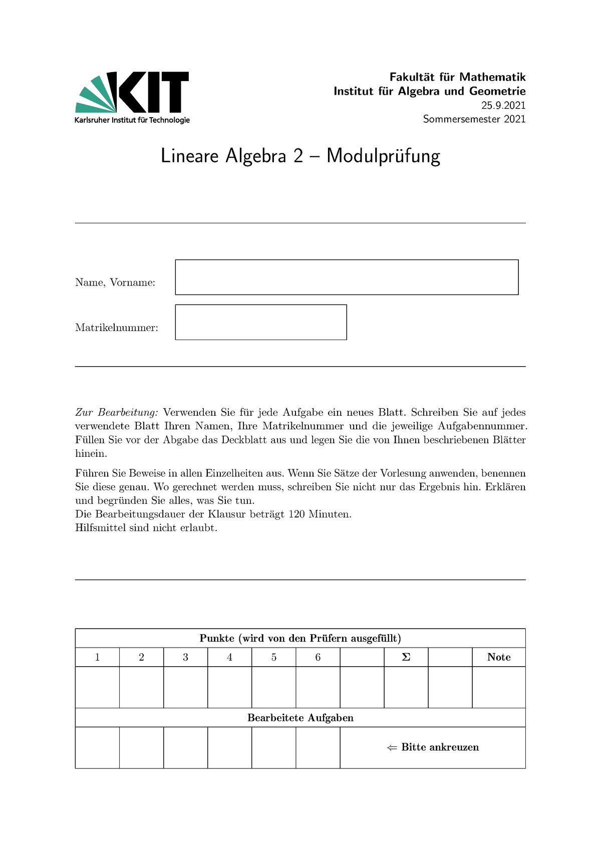 Lineare Algebra 2 Klausur Sommer 2021 - Fakult ̈at F ̈ur Mathematik ...