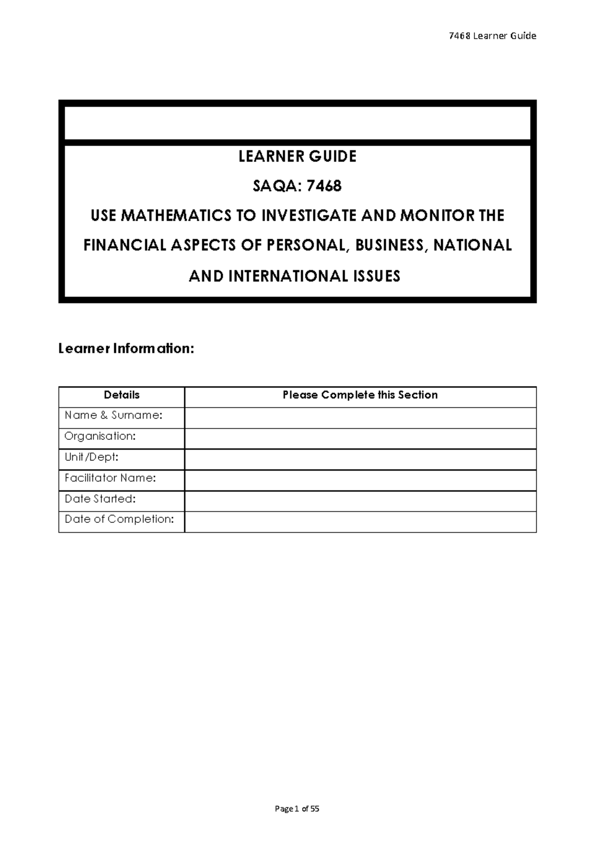 7468 learner guide - - Studocu