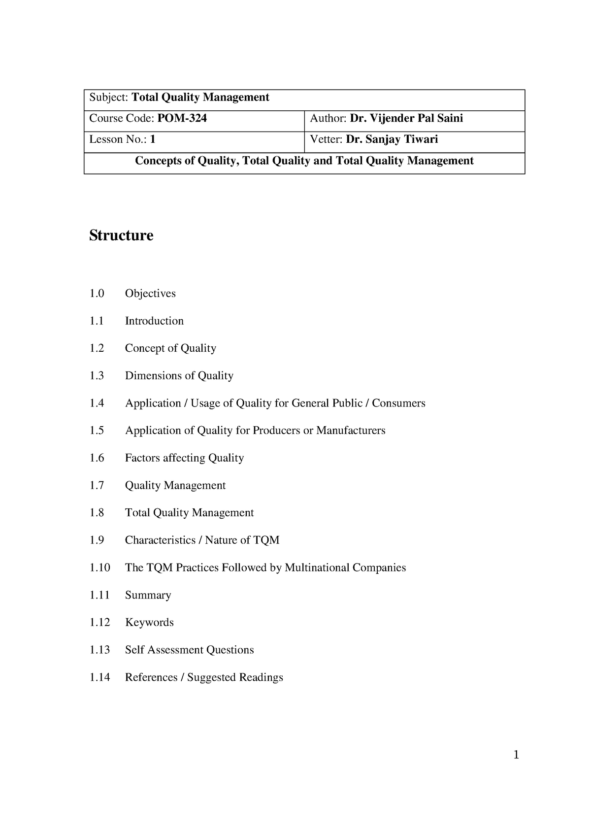 Total Quality Management Notes - Subject: Total Quality Management Course Code: POM-324 Author: Dr. - Studocu