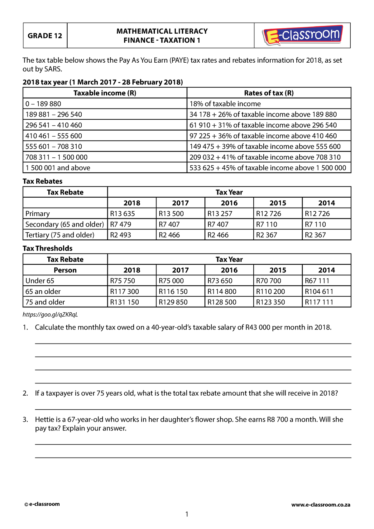 Gr12 Maths Literacy Finance Taxation 1 e classroom E classroom 1 