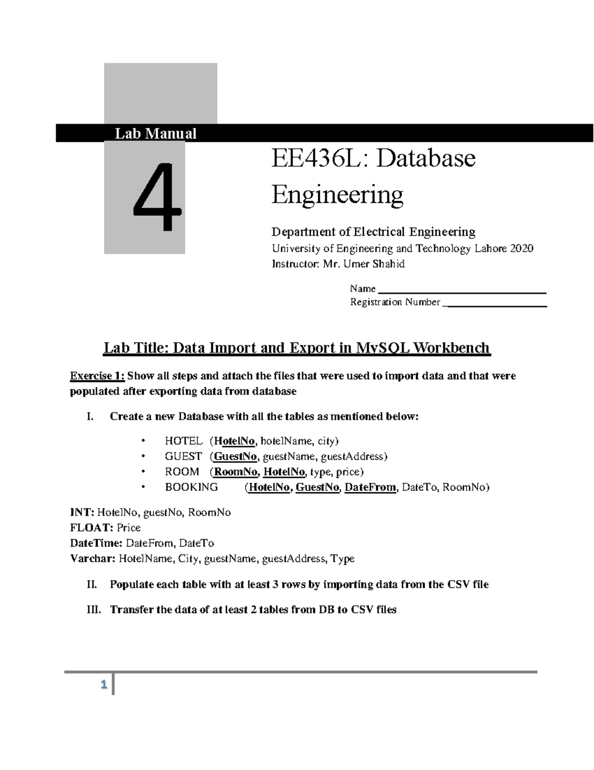 EE436 Database Engineering Lab Manual 04 - 1 EE436L: Database ...