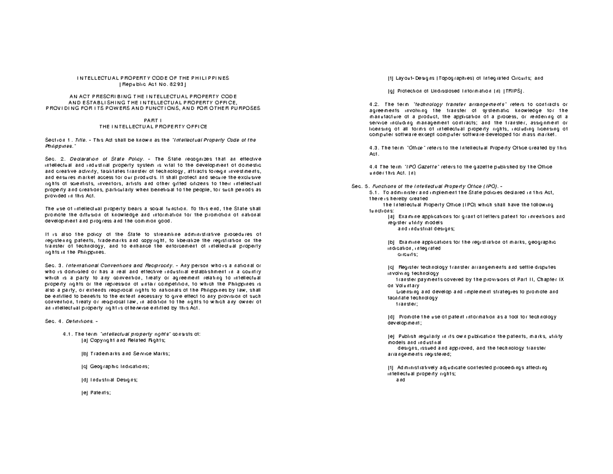 RA 8293 Intellectual Property LAW I N TELLECT U A L PROPERTY COD E OF