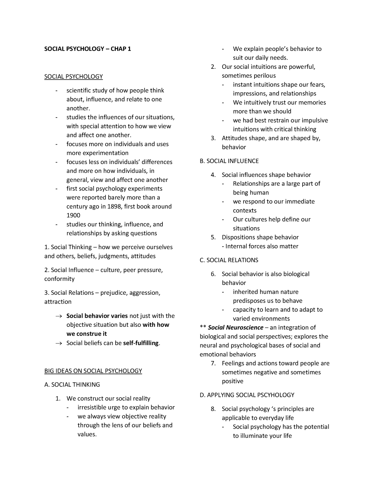 SOC Psych - CHAP 1 - Just My Notes - SOCIAL PSYCHOLOGY – CHAP 1 SOCIAL ...