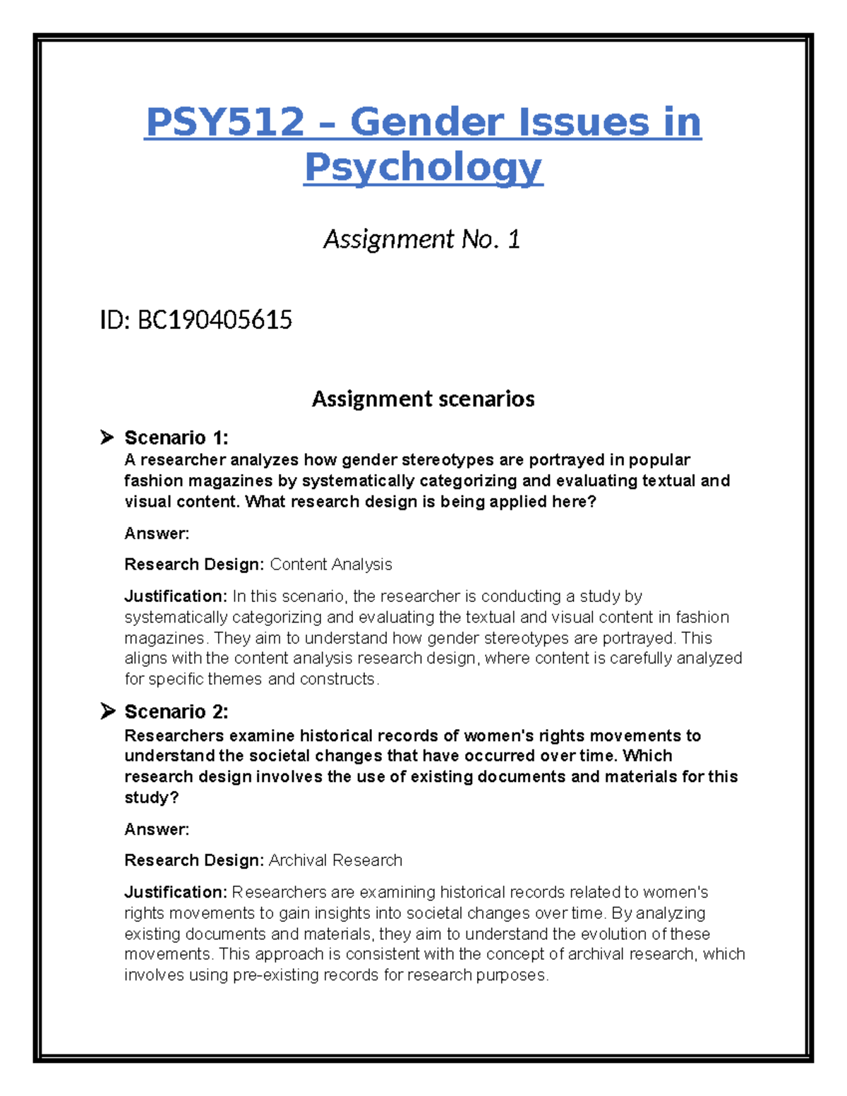 PSY512 ASS 1 - jkxbska - PSY512 – Gender Issues in Psychology ...