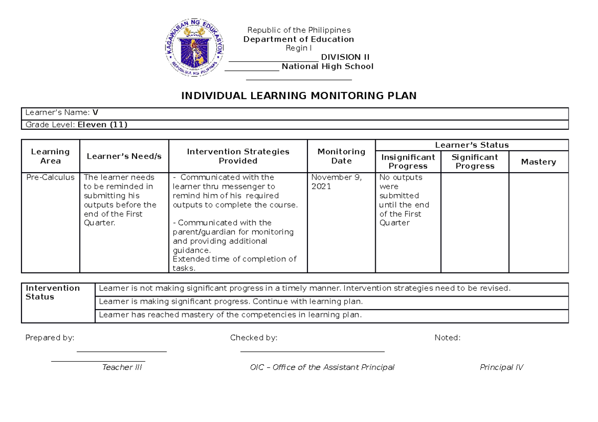 ILMP 1 - Individual Learning Monitoring Plan - Republic of the ...