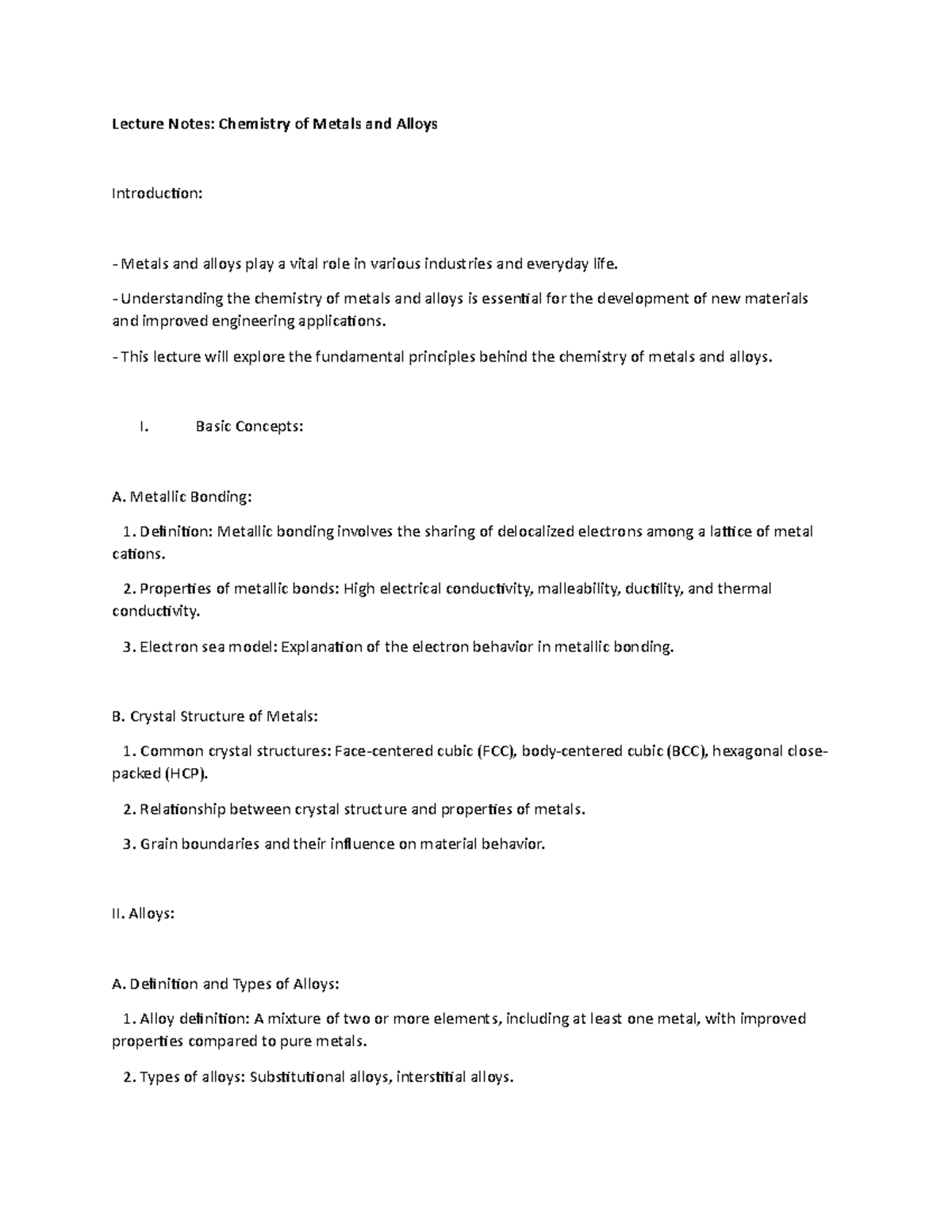 Lecture Notes: Chemistry of Metals and Alloys - Lecture Notes ...