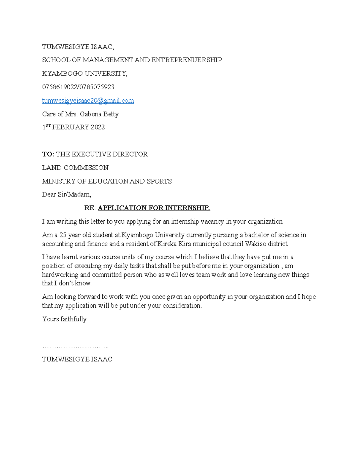 Isaac Internship Letter - TUMWESIGYE ISAAC, SCHOOL OF MANAGEMENT AND ...