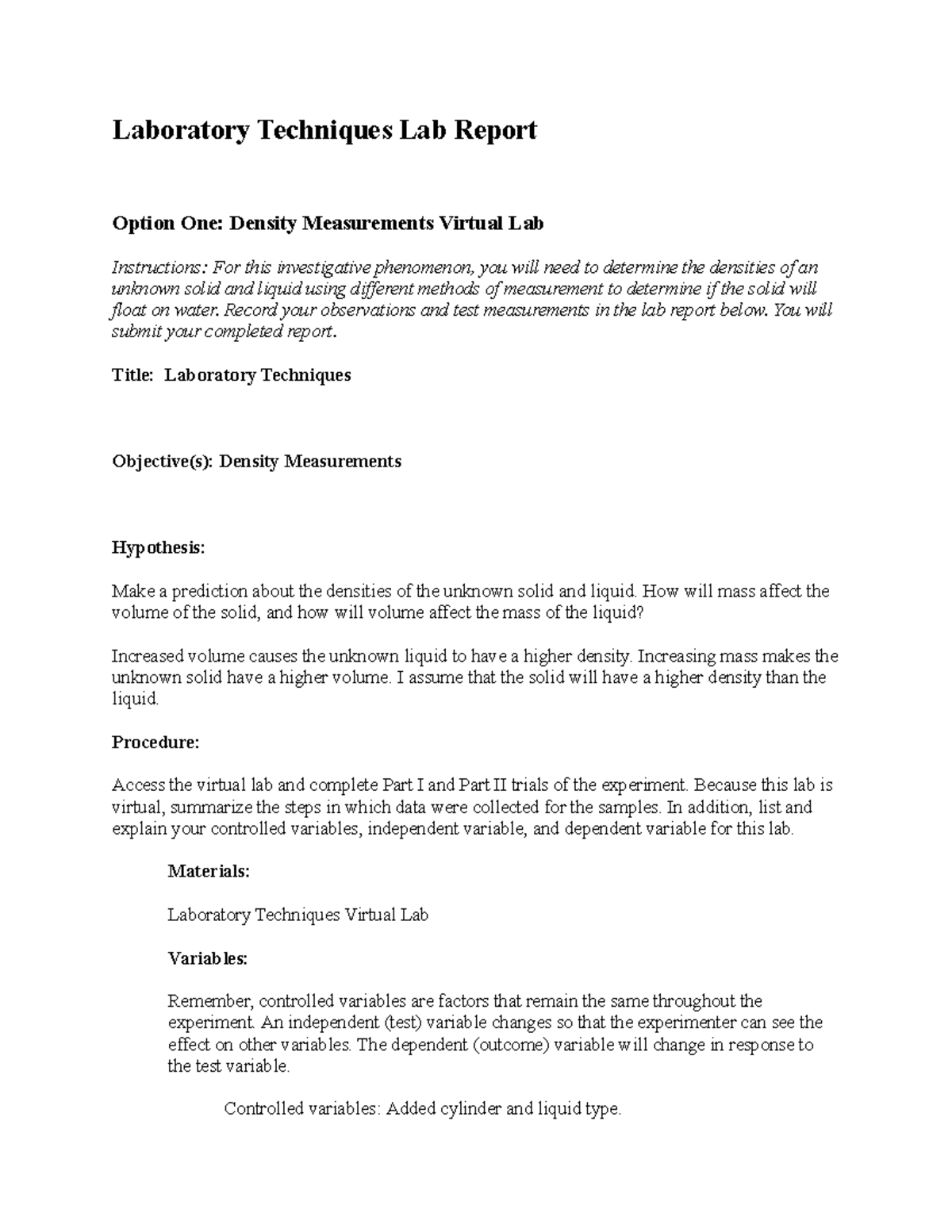 Laboratory techniques option one report 1 Laboratory Techniques Lab
