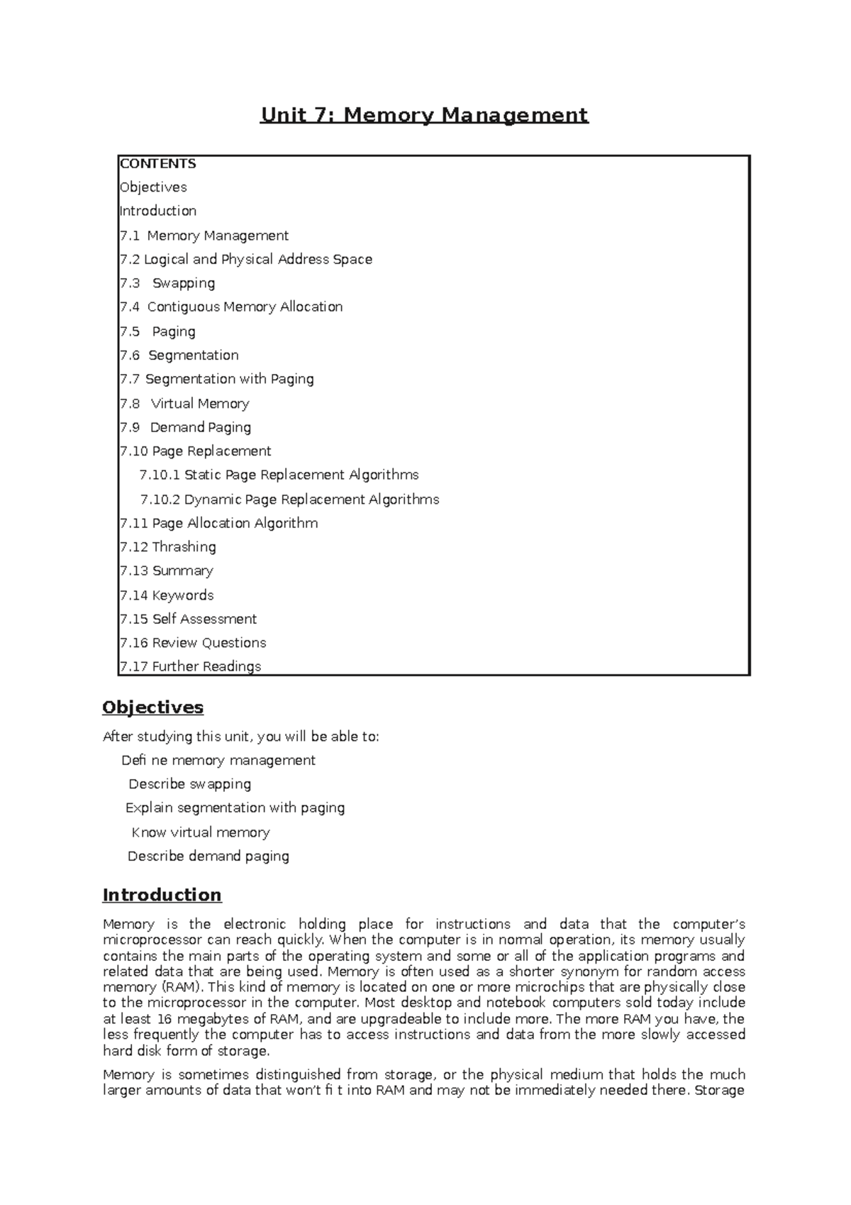 Os 7 - os notes - Unit 7: Memory Management CONTENTS Objectives ...