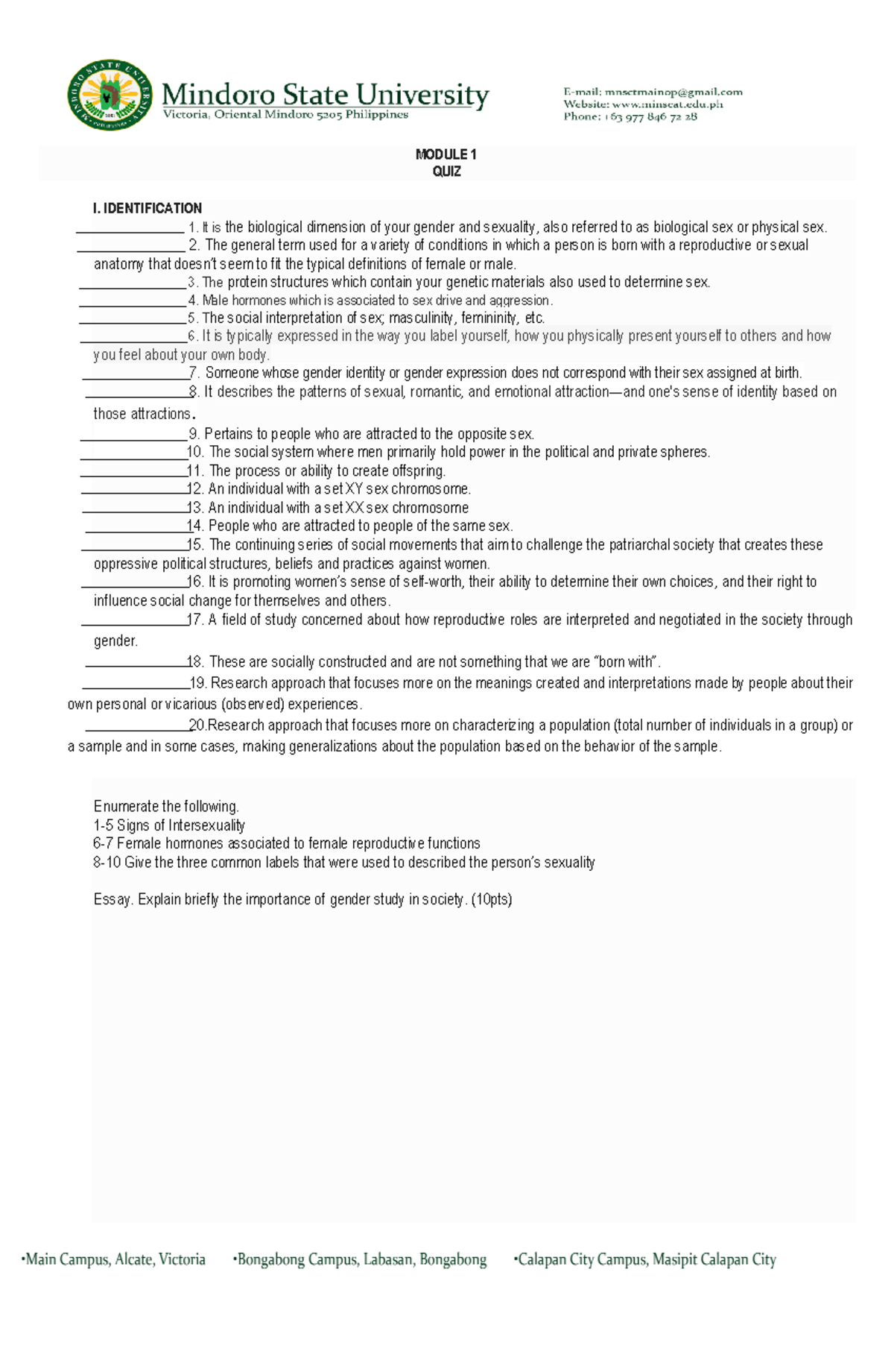 Module 1 gas quiz gas MODULE 1 QUIZ I. IDENTIFICATION 1. It is the