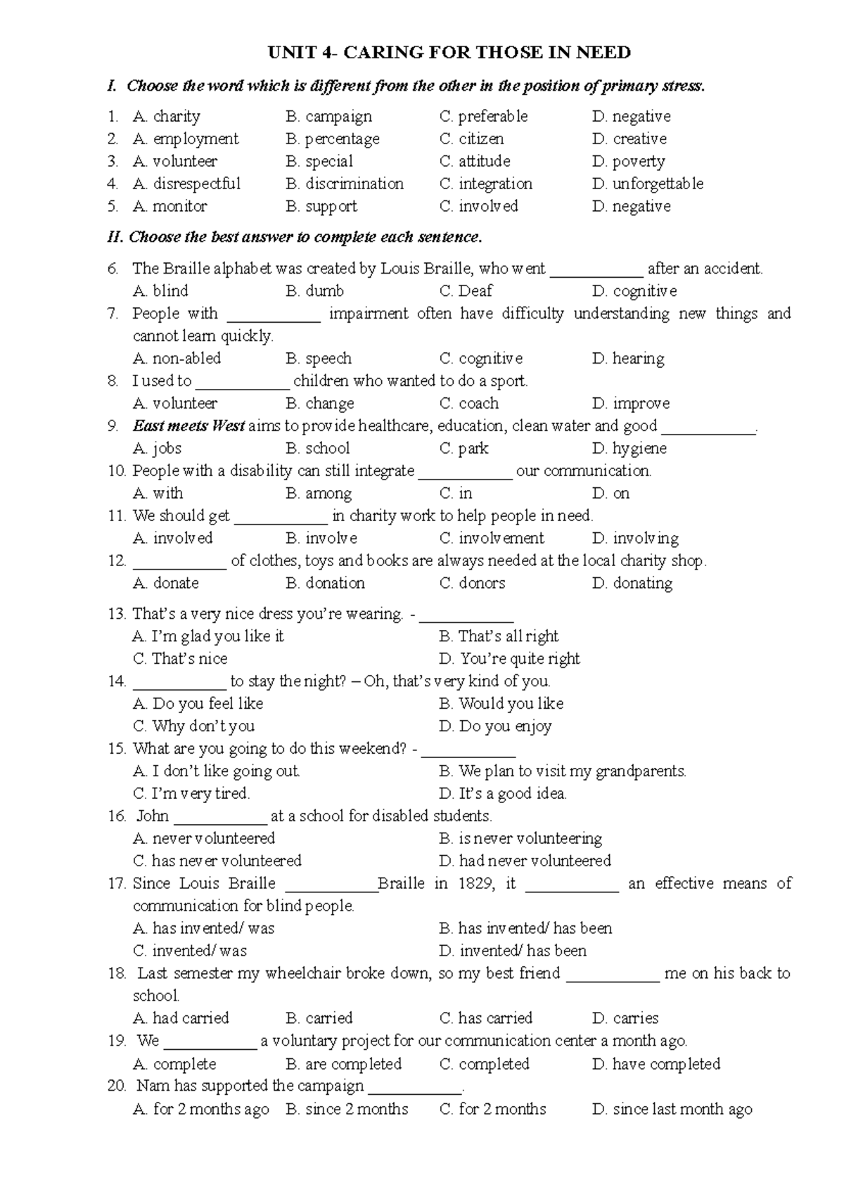 TEST UNIT 4 - review Unit 4 - UNIT 4- CARING FOR THOSE IN NEED I ...