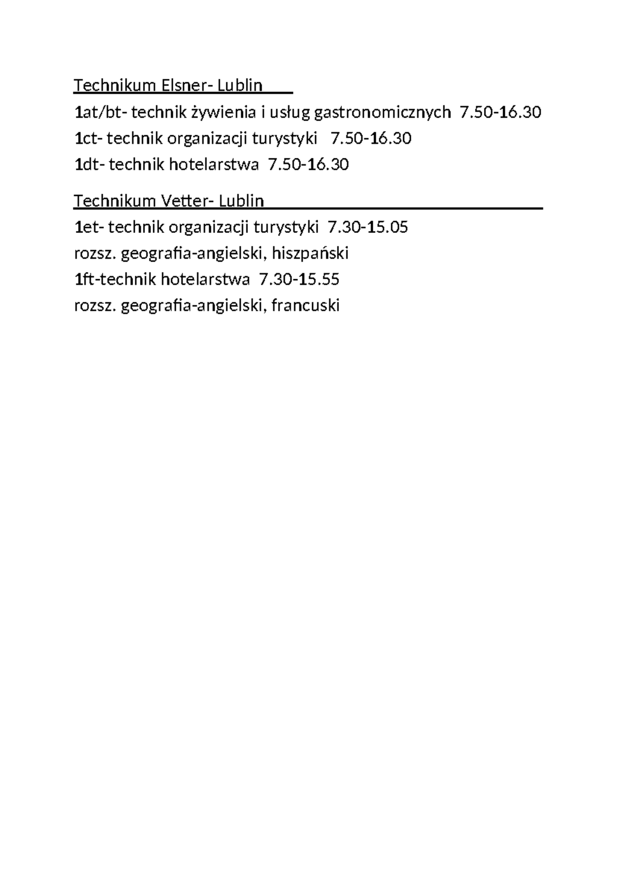 Technikum Elektroniczne Lublin Plan Lekcji www.studocu.com