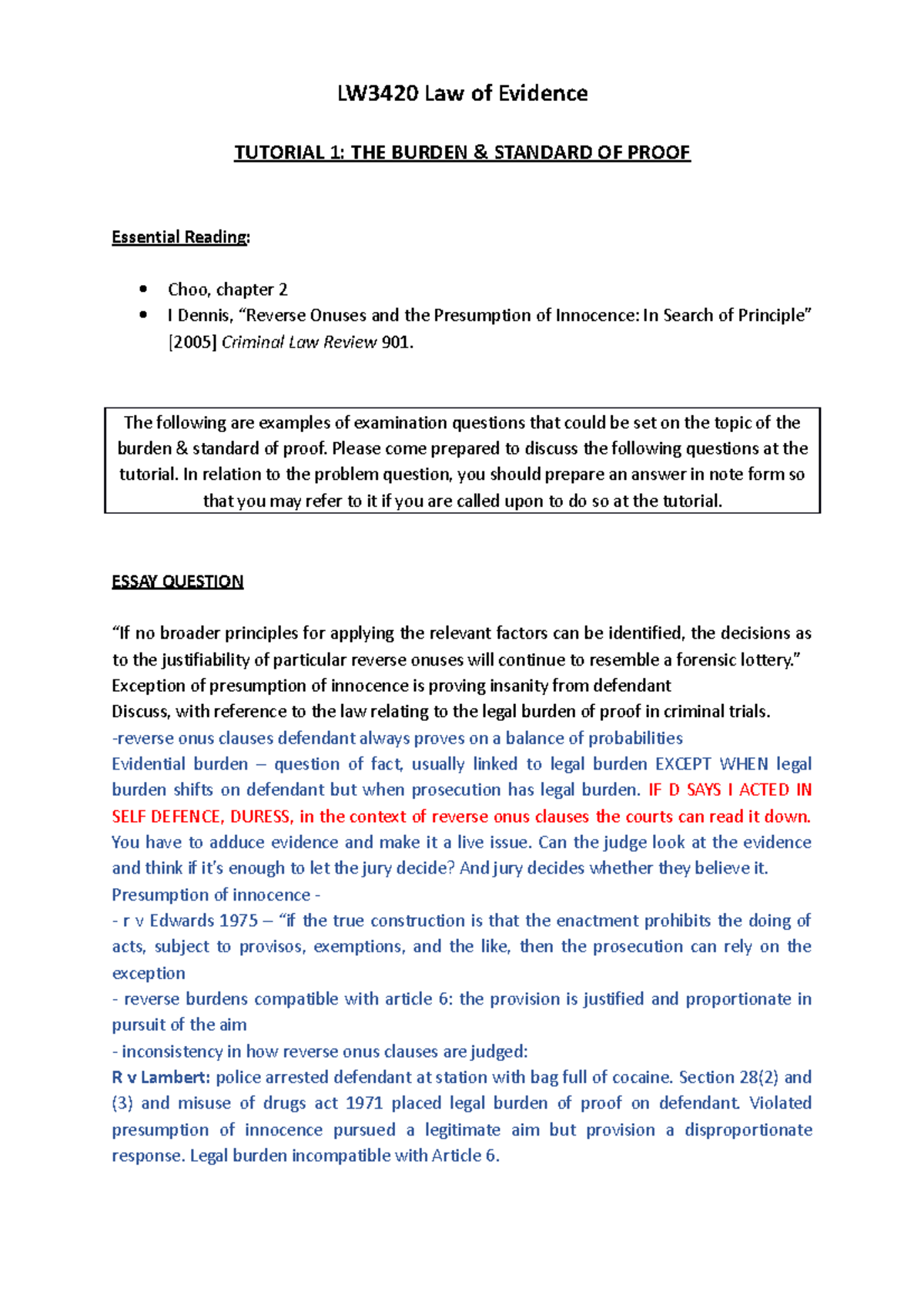 Burden And Standard Of Proof Tutorial 1 - LW3420 Law Of Evidence ...