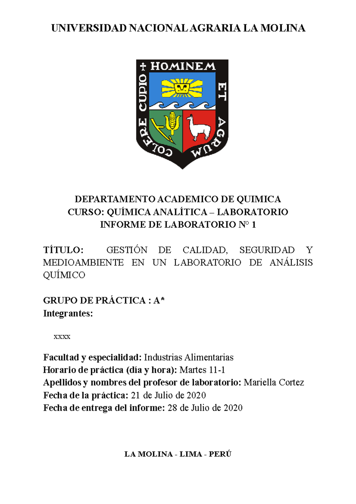 Informe 1 Quimica Analitica Universidad Nacional Agraria La Molina