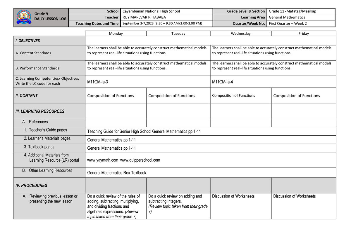 Dll -gen Math Week 2 - Dll Genmath Week 2 - Grade 9 Daily Lesson Log 