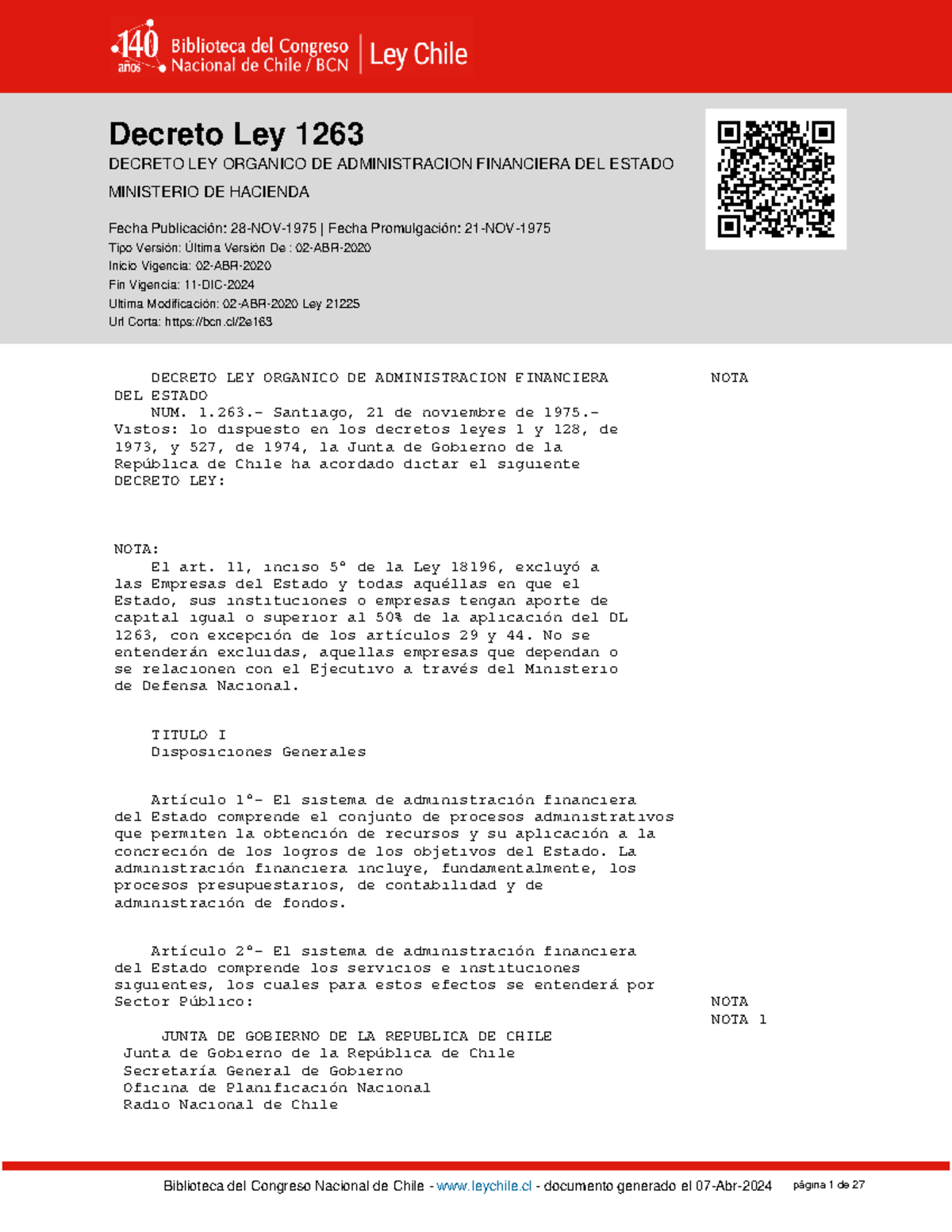DL-1263 28-NOV-1975 - Decreto Ley 1263 DECRETO LEY ORGANICO DE ...