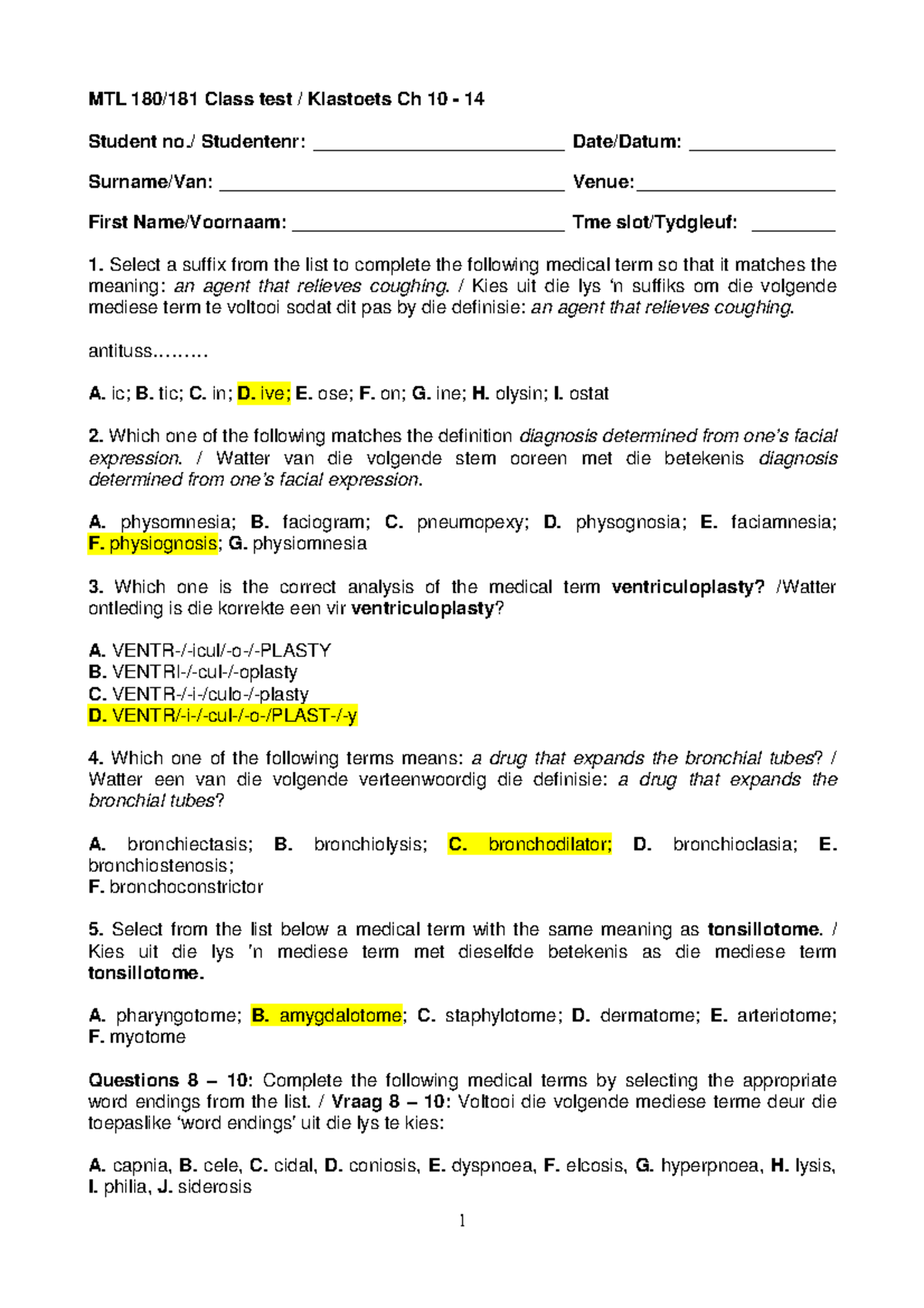 Chapter 10- 14 A Class Test - MTL 180/181 Class test / Klastoets Ch 10 ...