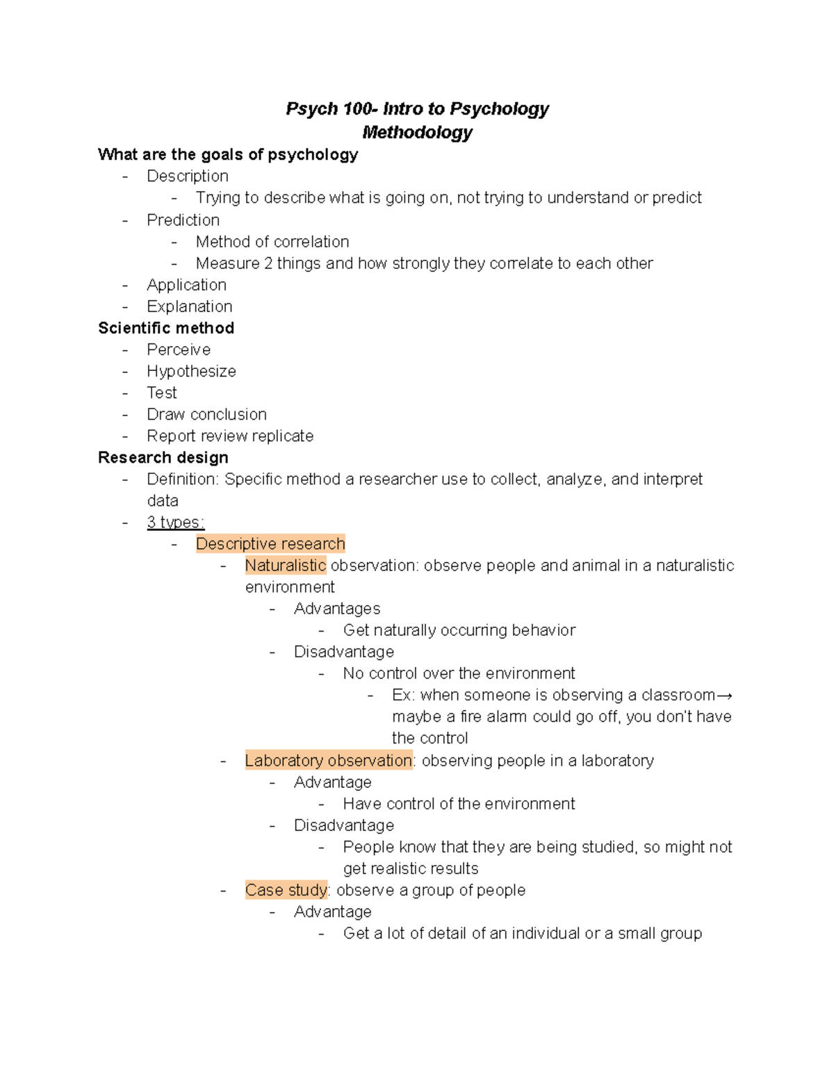 Psych 100 Methodology Notes - Psych 100- Intro To Psychology ...